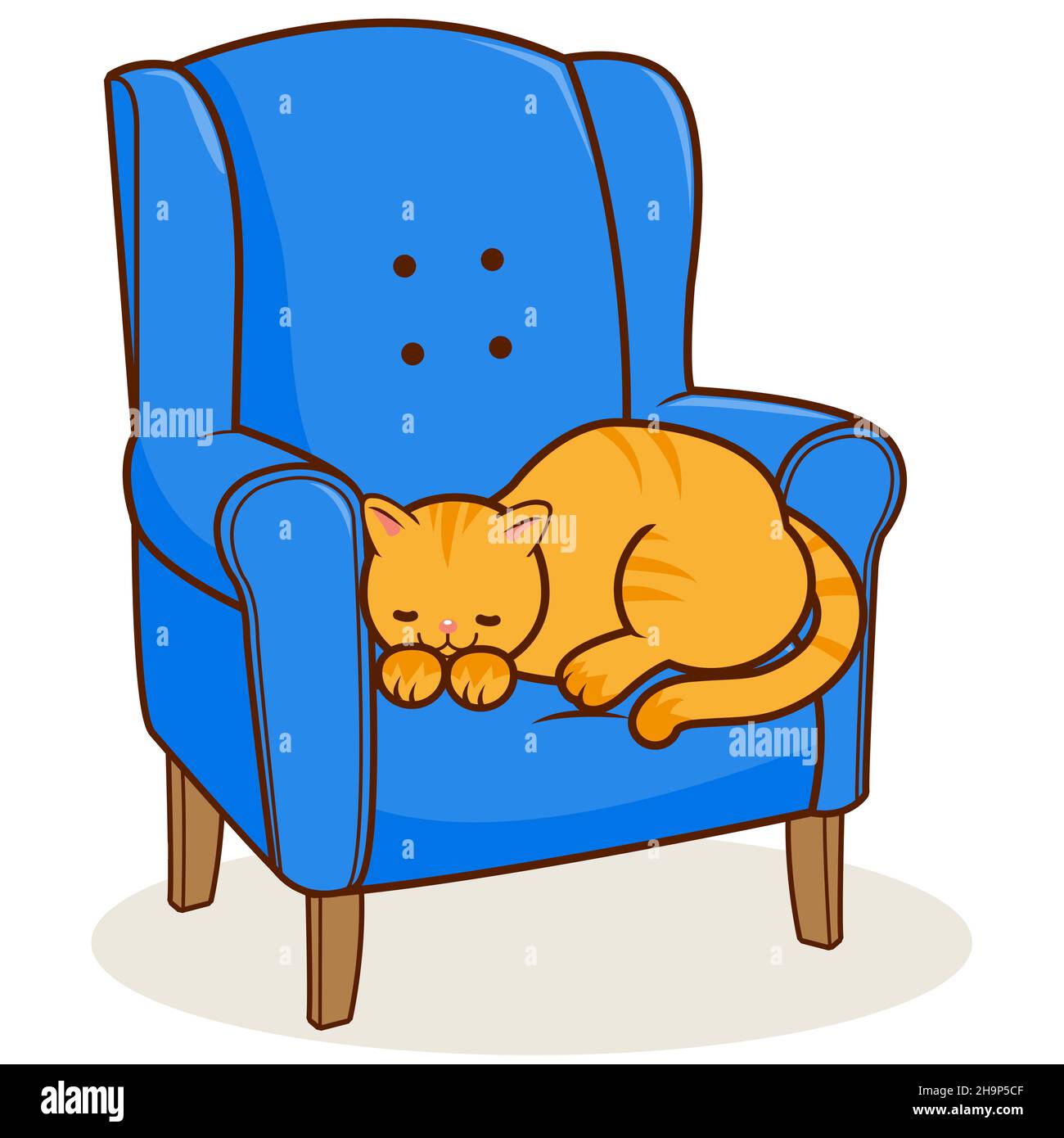 Eine Katze, die in einem blauen Sessel im Wohnzimmer zu Hause schläft. Hauskatze schläft in einem blauen Sessel. Cartoon Kätzchen, Haustier, das sich zu Hause entspannen kann. Stockfoto