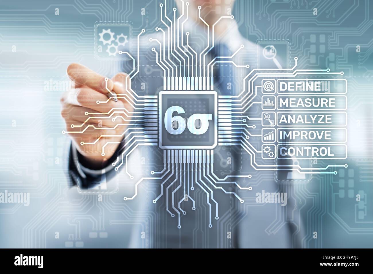 Six Sigma DMAIC Industrielle Innovation Technologie Qualitätskontrolle Geschäftskonzept. Stockfoto