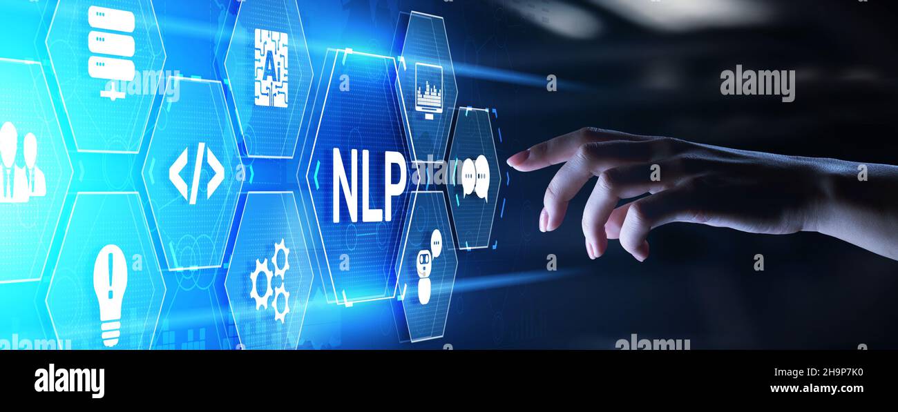 NLP Natural Language Processing Konzept. Neuronales Netzwerk der künstlichen Intelligenz. Stockfoto