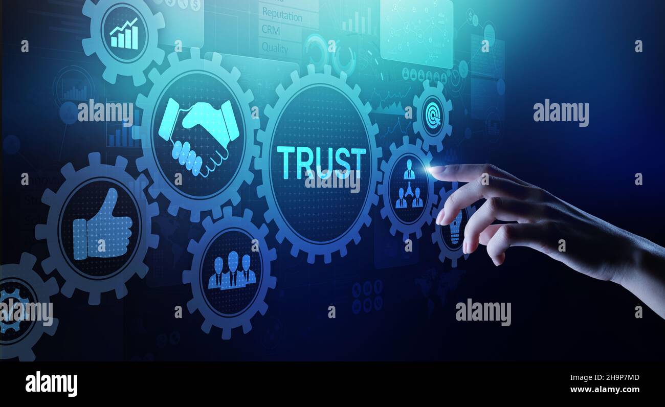 Vertrauen Sie auf Kundenbeziehungen Zuverlässigkeit Geschäftskonzept. Zeigen und Drücken auf dem virtuellen Bildschirm. Stockfoto