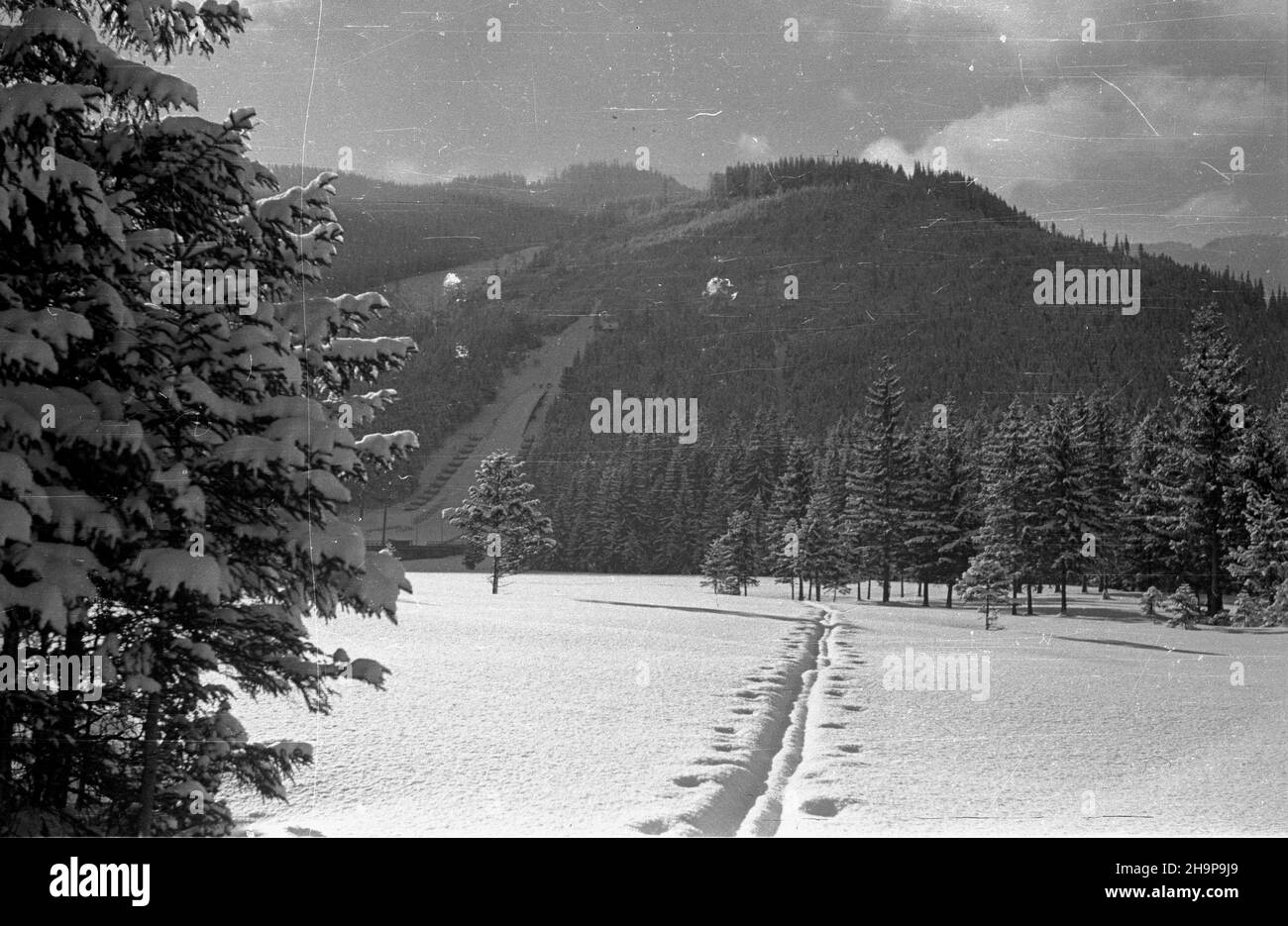 Zakopane, 1949-02. Zima w Tatrach. W g³êbi skocznia narciarska Wielka Krokiew. Dok³adny dzieñ wydarzenia nieustalony. bk PAP Zakopane, 1949. Februar. Winter in der Tatra. Im Hintergrund die Skisprungschanze Wielka Krokiew. bk PAP Stockfoto