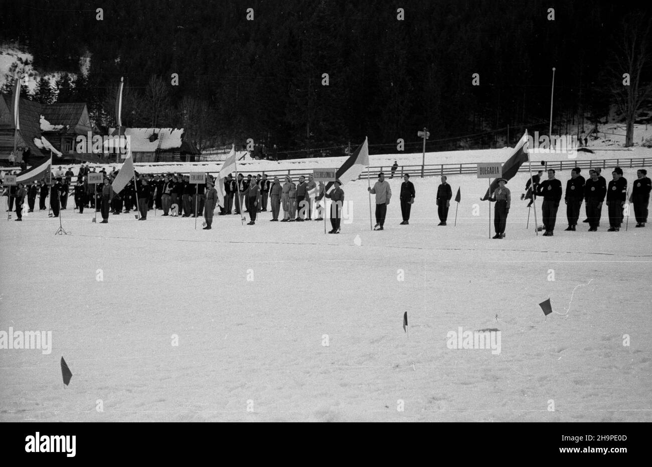 Zakopane, 1949-02-23. OD 23 lutego do 3 marca odbywa³y siê Miêdzynarodowe Zawody Narciarskie o Puchar Tatr. Zgromadzi³y one kilkudziesiêciu sportowców z Polski, Bu³garii, Czechos³owacji, Finlandii, Rumunii i Wêgier. Pierwszego dnia, na stadionie Pod Krokwi¹, odby³o siê uroczyste otwarcie zawodów. NZ. Prezentacja ekip sportowców z Wêgier, Rumunii, Finlandii, Czechos³owacji i Bu³garii. pw PAP Zakopane, 23. Februar 1949. Vom 23. Februar bis 3. März fand der internationale Skiwettbewerb für den Pokal der Tatra statt. An dem Wettbewerb nahmen mehrere Dutzend Sportler aus Polen, Bulga, Teil Stockfoto