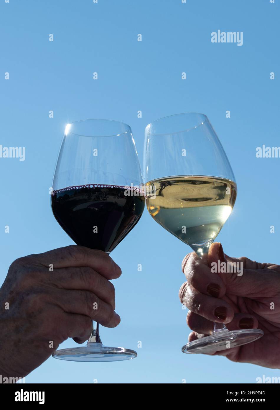 Zwei Personen klirren Gläser mit Rot- und Weißwein. Hand eines Mannes und einer Frau, die ein Glas Wein in der Hand halten Stockfoto