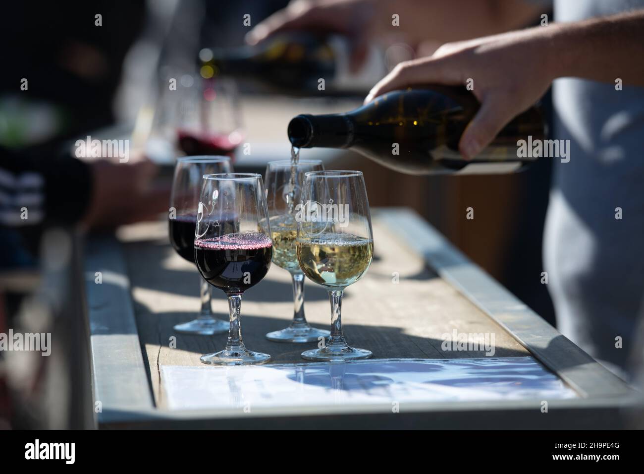 Mann gießt Rot- und Weißwein in gestammte Gläser während eines Workshops „Apero sur un Plateaus, Vins & Fromages“ (Wein- und Käseverkostung) in Alboussiere ( Stockfoto