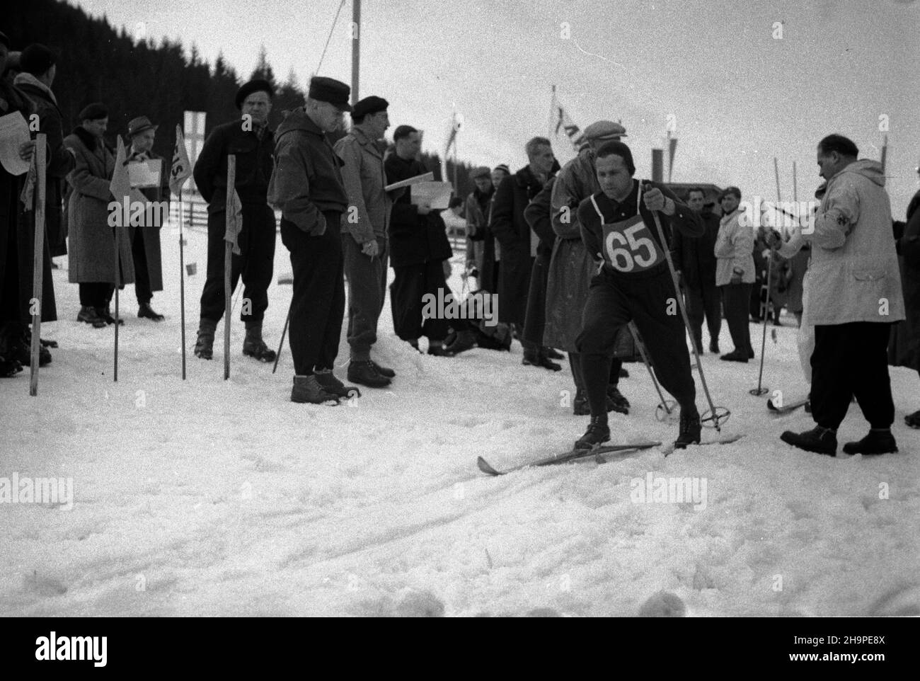 Zakopane, 1949-02-24. OD 23 lutego do 3 marca odbywa³y siê Miêdzynarodowe Zawody Narciarskie o Puchar Tatr. Zgromadzi³y one kilkudziesiêciu sportowców z Polski, Bu³garii, Czechos³owacji, Finlandii, Rumunii i Wêgier. Pierwszego dnia zawodów odby³ siê bieg mê¿czyzn na 18 kilometrów, zaliczany do kombinacji norweskiej. Zwyciê¿y³ Jaroslav Cardal z Czechos³owacji. NZ. Start biegu na stadionie Pod Krokwi¹. pw PAP Zakopane, 24. Februar 1949. Vom 23. Februar bis 3. März fand der internationale Skiwettbewerb für den Pokal der Tatra statt. Der Wettbewerb brachte mehrere Dutzend Sportarten zusammen Stockfoto