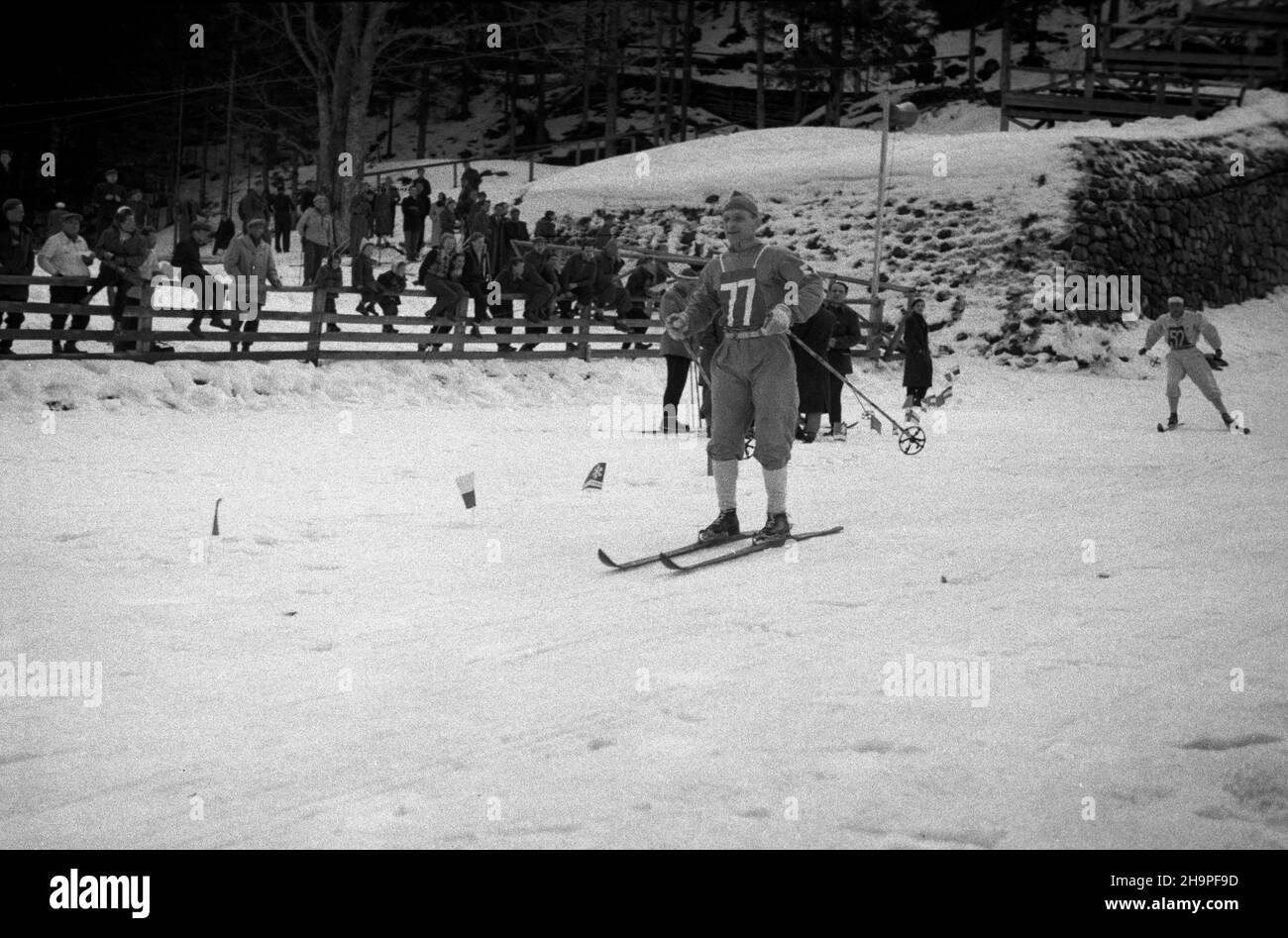 Zakopane, 1949-02-24. OD 23 lutego do 3 marca odbywa³y siê Miêdzynarodowe Zawody Narciarskie o Puchar Tatr, z udzia³em kilkudziesiêciu sportowców z Polski, Bu³garii, Czechos³owacji, Finlandii, Rumunii i Wêgier. Bieg mê¿czyzn na 18 kilometrów, zaliczany do kombinacji norweskiej, ze startem i met¹ na stadionie Pod Krokwi¹. Zwyciê¿y³ Jaroslav Cardal z Czechos³owacji. Nz. VIIde Heige z Finlandii na mecie biegu. pw PAP Zakopane, 24. Februar 1949. Der internationale Skiwettbewerb Tatra Mountain Cup fand vom 23. Februar bis zum 3. März statt und brachte mehrere Dutzend Teilnehmer aus Polen, BU, zusammen Stockfoto