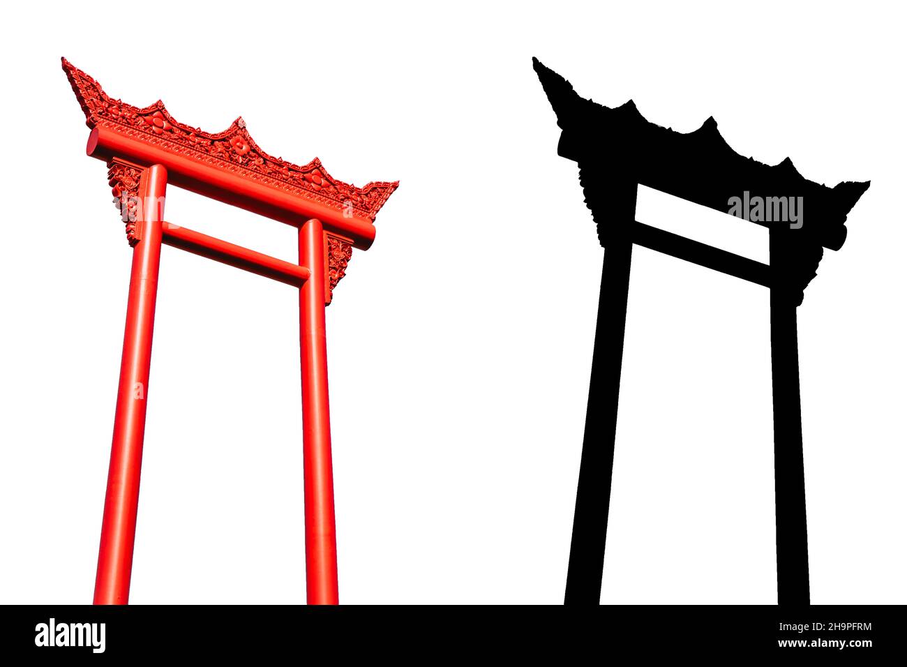 Sao Ching Cha - der Brahmane Swing oder der Giant Swing isoliert auf Weiß mit Alpha channer Schatten Stockfoto