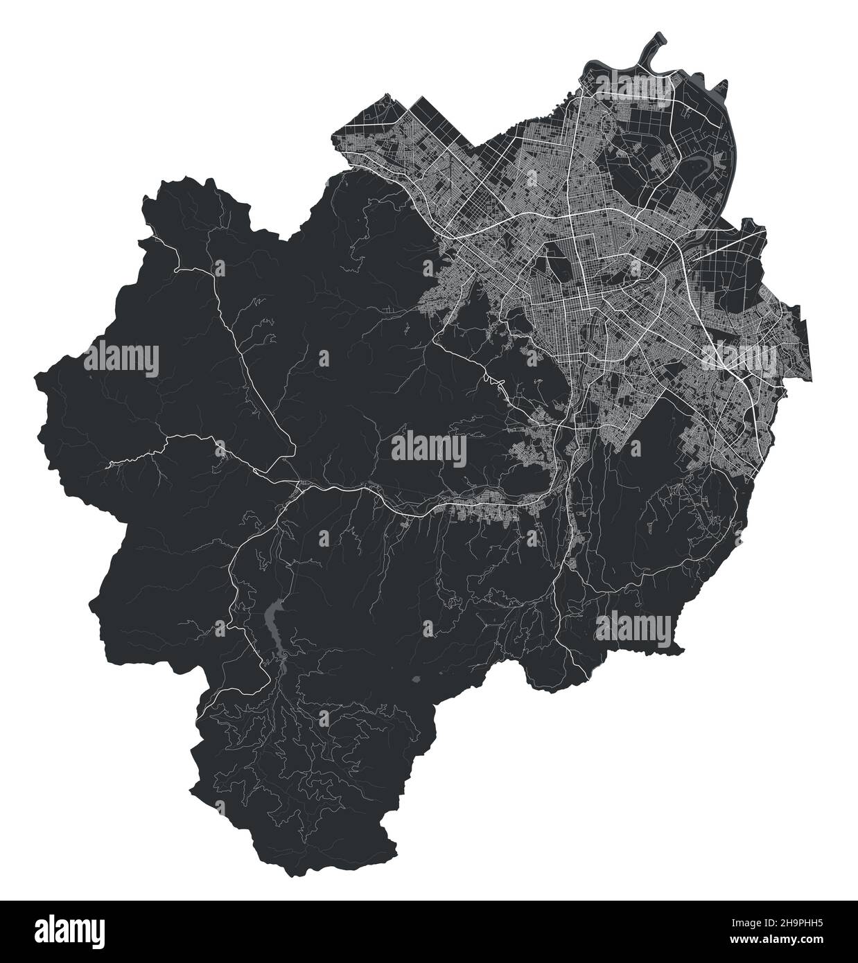 Stadtplan Sapporo. Detaillierte Vektorkarte von Sapporo Verwaltungsgebiet, Landplakat metropolitane Arie Ansicht. Schwarzes Land mit weißen Straßen, Straßen und Ave Stock Vektor