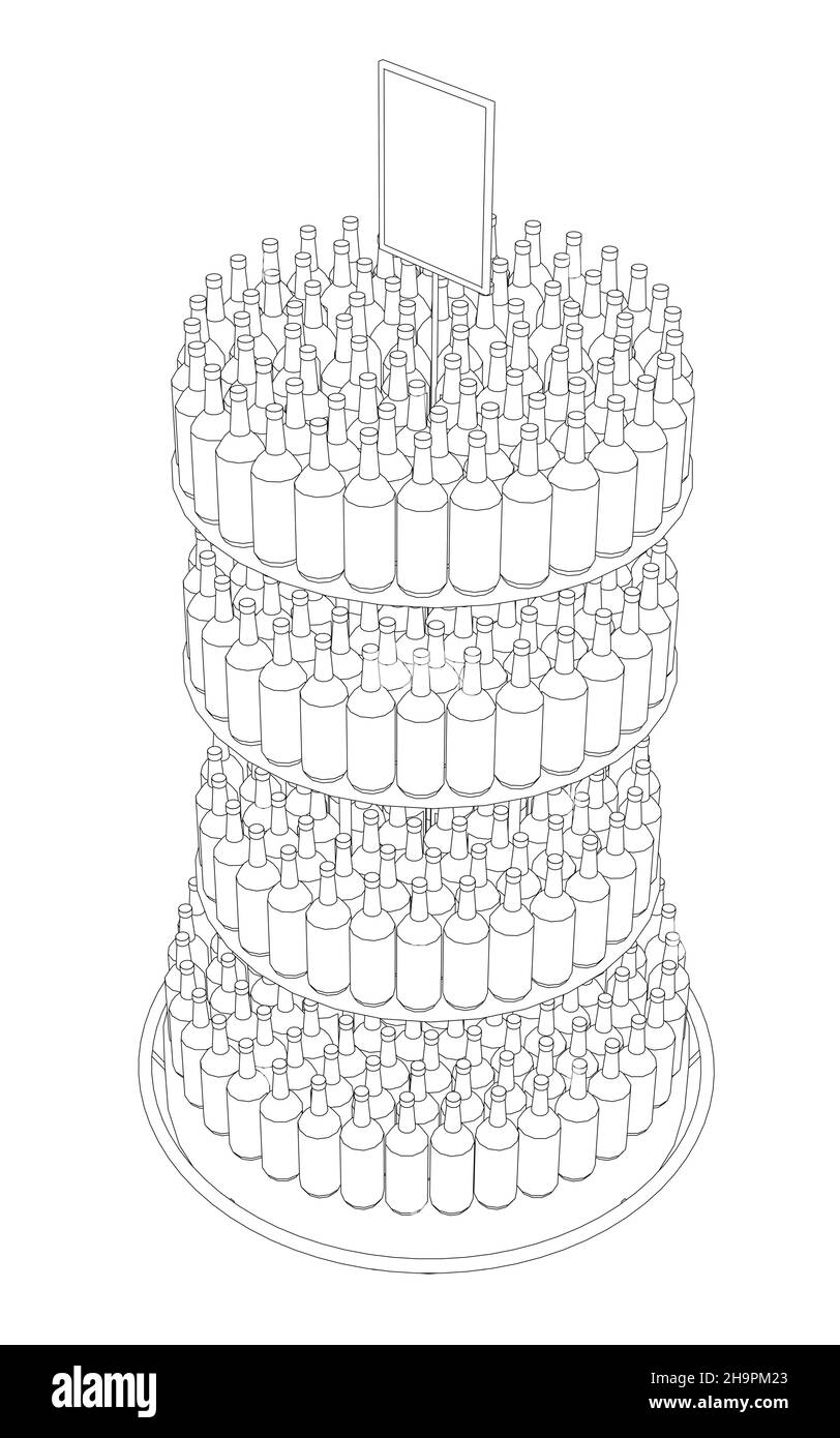 Die Umrisse einer kreisförmigen Theke mit vielen Flaschen. Getränkepresen in Flaschen. Isometrische Ansicht. Vektorgrafik. Stock Vektor