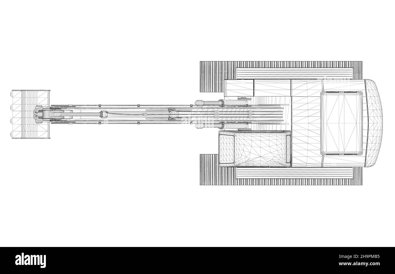 Baggerrahmen aus schwarzen Linien isoliert auf weißem Hintergrund. Blick von oben. 3D. Vektorgrafik. Stock Vektor