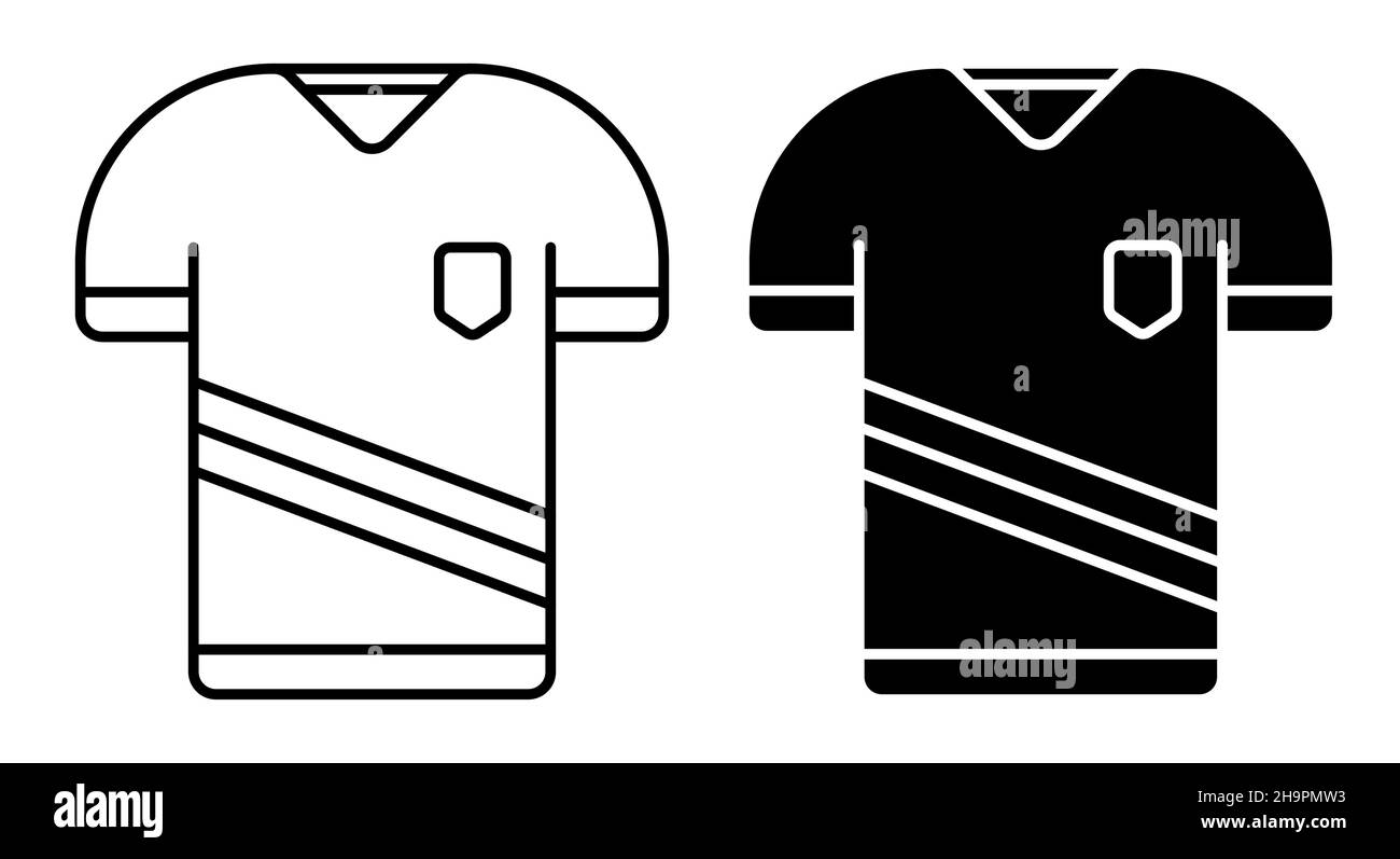 Lineares Symbol. Klassisches Fußballspieler-T-Shirt. Sportuniform des Fußballspielers. Anordnung der Athleten auf dem Feld. Einfacher Schwarz-Weiß-Vektor isoliert auf Stock Vektor