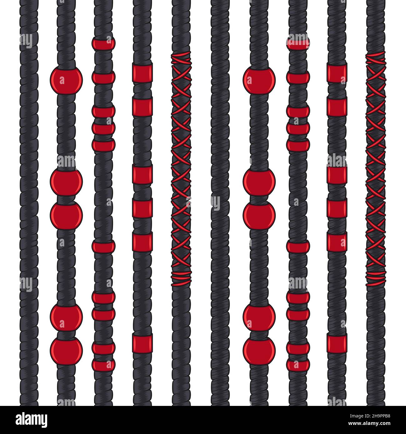 Set aus farbigen nahtlosen Mustern mit schwarzen Dreadlocks und rotem Schmuck. Isolierte Vektorobjekte auf weißem Hintergrund. Stock Vektor