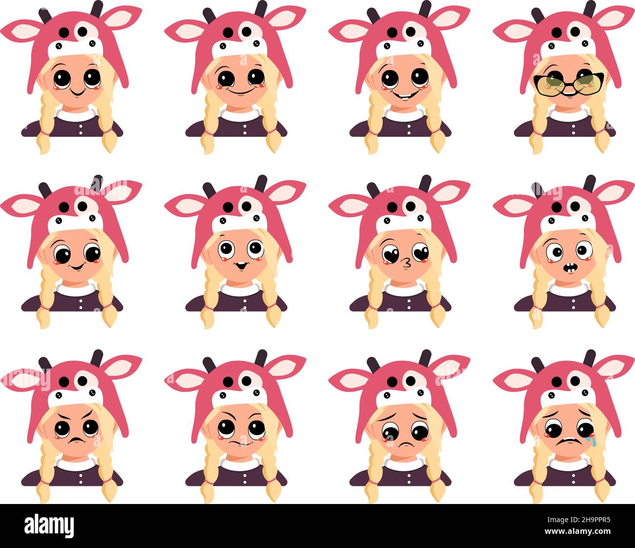 Set von Mädchen Avatar mit großen Augen und breiten Lächeln und verschiedenen Emotionen in Kuh Hut. Niedliches Kind mit fröhlichem, traurigem oder wütenden Gesicht im Karnevalskostüm für Urlaub oder Neujahr Stock Vektor