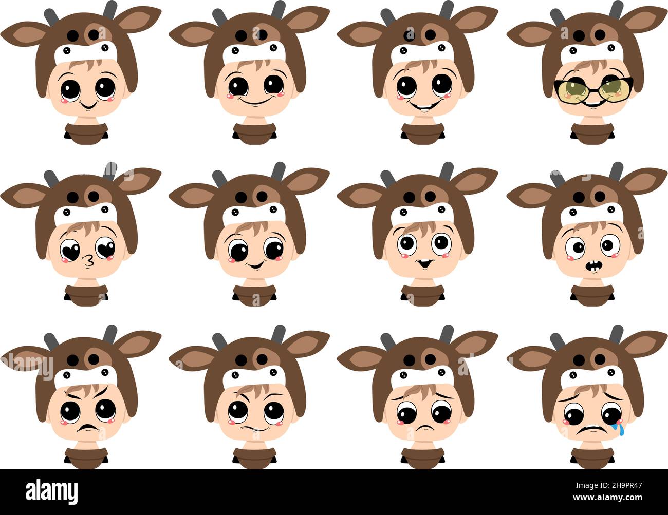 Set von Jungen Avatar mit großen Augen und breiten Lächeln und verschiedenen Emotionen in Kuh Hut. Niedliches Kind mit fröhlichem, traurigem oder wütenden Gesicht im Karnevalskostüm für Urlaub oder Neujahr Stock Vektor