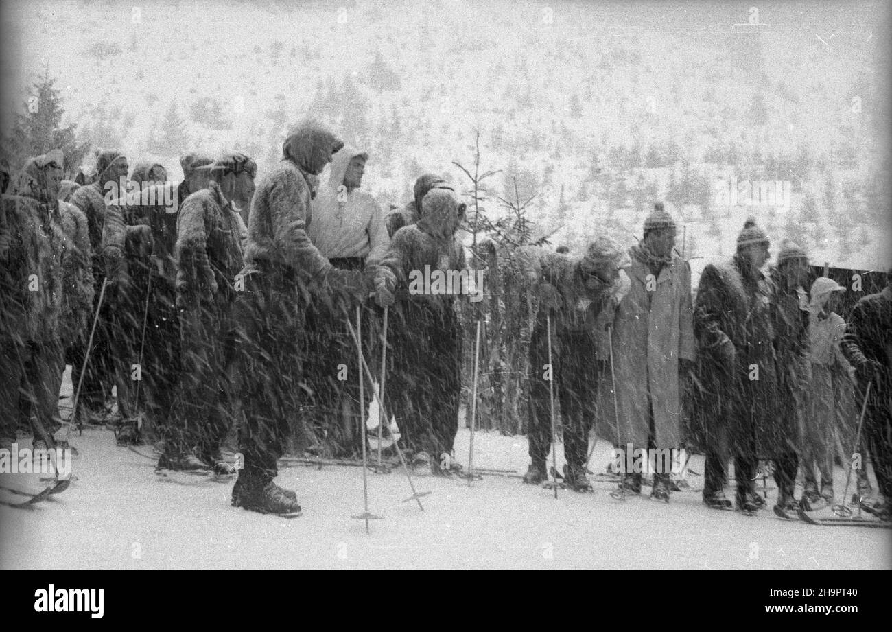 Zakopane, 1949-03-02. W Miêdzynarodowych Zawodach Narciarskich o Puchar Tatr wziê³o udzia³ przesz³o 250 zawodników i zawodniczek reprezentuj¹cych szeœæ pañstw: Czechos³owacjê, Wêgry, Rumuniê, Bu³gariê, Finlandiê i Polskê. Konkurencje alpejskie by³y utrudnione przez nag³e pogorszenie pogody, czêœæ konkurencji zosta³a powtórzona. uu PAP Zakopane, 2. März 1949. Der internationale Skiwettbewerb Tatra Mountain Cup brachte über 250 Teilnehmer aus 6 Ländern zusammen: Der Tschechoslowakei, Ungarn, Rumänien, Bulgarien, Finnland und Polen. Plötzliche Wetterverschlechterung verhinderte alpine Ereignisse, som Stockfoto