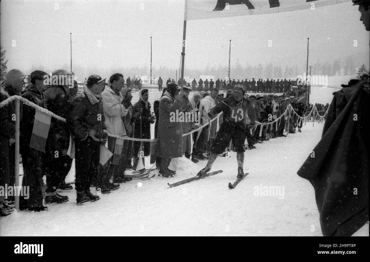 Zakopane, 1949-03-03. Miêdzynarodowe Zawody Narciarskie o Puchar Tatr (23 II-3 III). Meta biegu na 30 km na stadionie pod Krokwi¹. NZ. zwyciêzca turnieju Jaroslav Cardal z Czechos³owacji. ka PAP Zakopane, 3. März 1949. Die Internationale Skitourenfahrt für den Tatra Mountains Cup (23. Februar - 3. März). Die Ziellinie der 30 Kilometer langen Cross Country im Sportstadion unter Krokiew. Im Bild: Sieger des Turniers Jaroslav Cardal aus der Tschechoslowakei. ka PAP Stockfoto