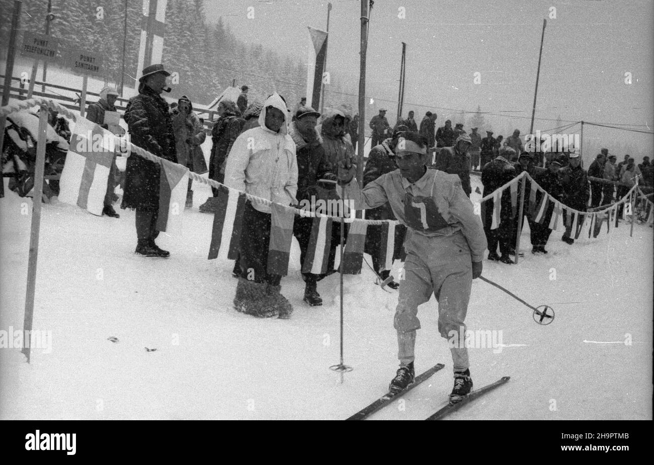 Zakopane, 1949-03-03. Miêdzynarodowe Zawody Narciarskie o Puchar Tatr (23 II-3 III). Bieg na 30 km. NZ. Reprezentant Rumunii Ion Hebedeanu. ka PAP Zakopane, 3. März 1949. Die Internationale Skitourenfahrt für den Tatra Mountains Cup (23. Februar - 3. März). Das 30 Kilometer lange Cross Country. Im Bild: Rumäniens Ion Hebedeanu. ka PAP Stockfoto