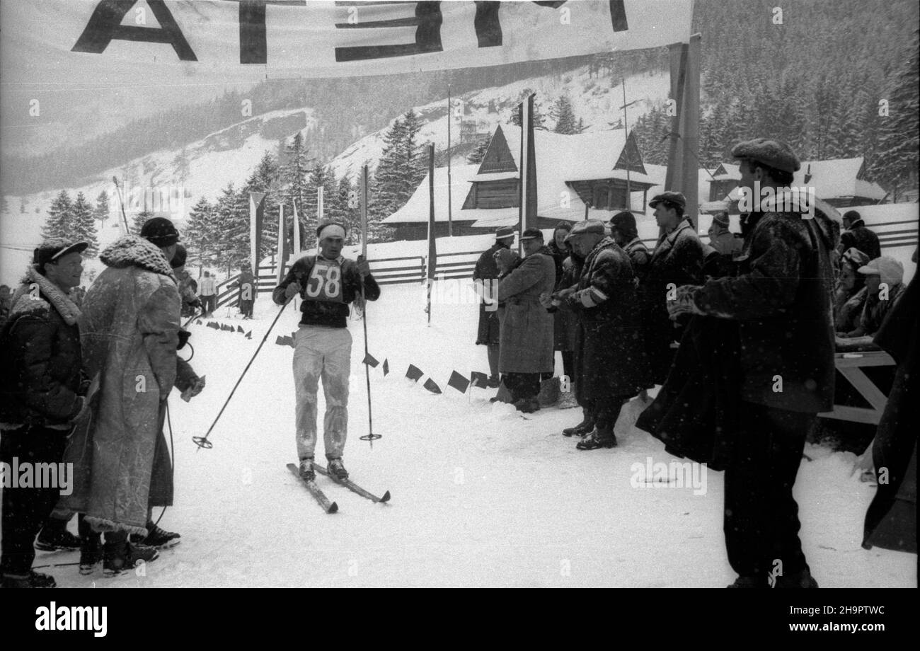 Zakopane, 1949-03-03. Miêdzynarodowe Zawody Narciarskie o Puchar Tatr (23 II-3 III). Meta biegu na 30 km na stadionie pod Krokwi¹. NZ. Reprezentant Polski Tadeusz Kwapieñ, zdobywca VII miejsca. ka PAP Zakopane, 3. März 1949. Die Internationale Skitourenfahrt für den Tatra Mountains Cup (23. Februar - 3. März). Die Ziellinie der 30 Kilometer langen Cross Country im Sportstadion unter Krokiew. Im Bild: Tadeusz Kwapien von Polabd, der den 7th. platz belegte. ka PAP Stockfoto