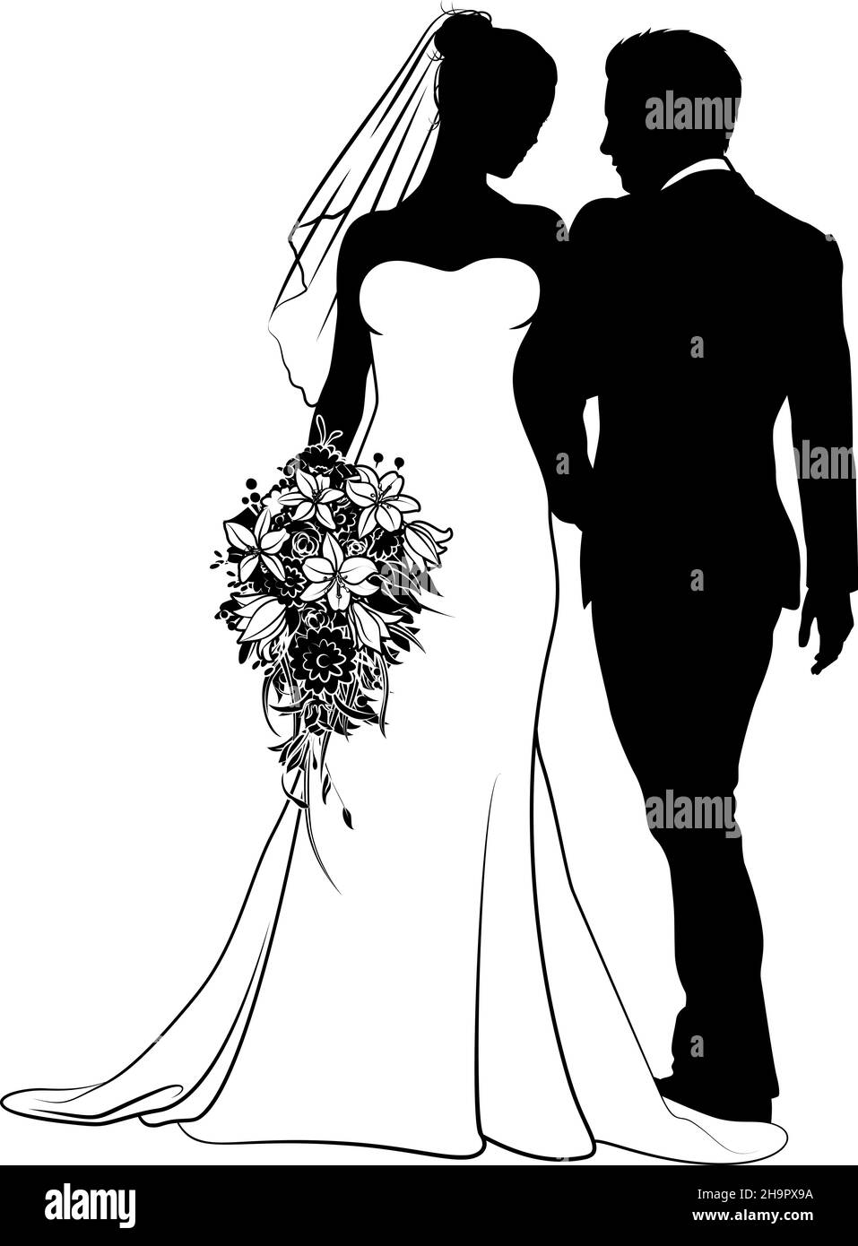 Braut Und Bräutigam Paar Brautkleid Silhouetten Stock Vektor