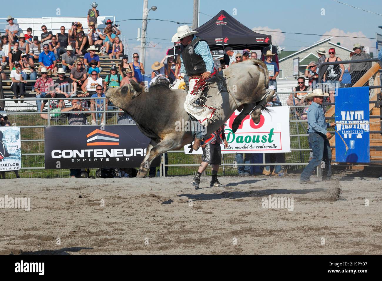 Rodeo-Wettbewerb, Bullenreiter, Valleyfield Rodeo, Valleyfield, Provinz Quebec, Kanada Stockfoto