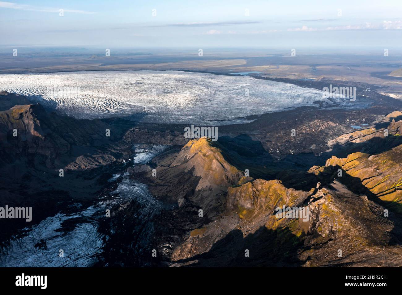 Gletscherzunge des Myrdalsjoekull Gletschers, wilde Natur, Isländische Highlands, Pakgil, Suourland, Island Stockfoto