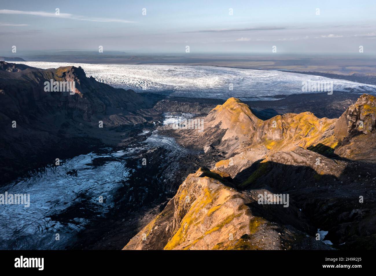 Gletscherzunge des Myrdalsjoekull Gletschers, wilde Natur, Isländische Highlands, Pakgil, Suourland, Island Stockfoto