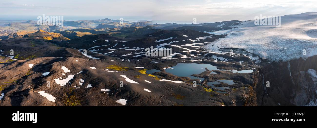 Gletscherzunge des Myrdalsjoekull Gletschers, wilde Natur, Isländische Highlands, Pakgil, Suourland, Island Stockfoto