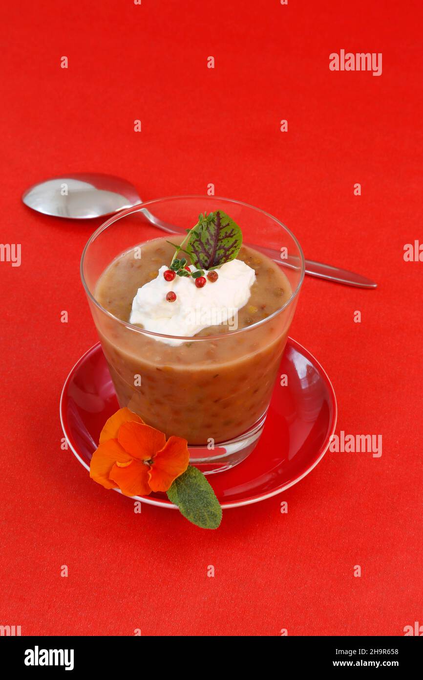 Schwäbische Küche, Alblinsen-Suppe mit Rahm-Belag, gemeiner Sauerampfer (Rumex acetosa), rote Pfefferkörner, Glas, Teller, Löffel, Deutschland Stockfoto