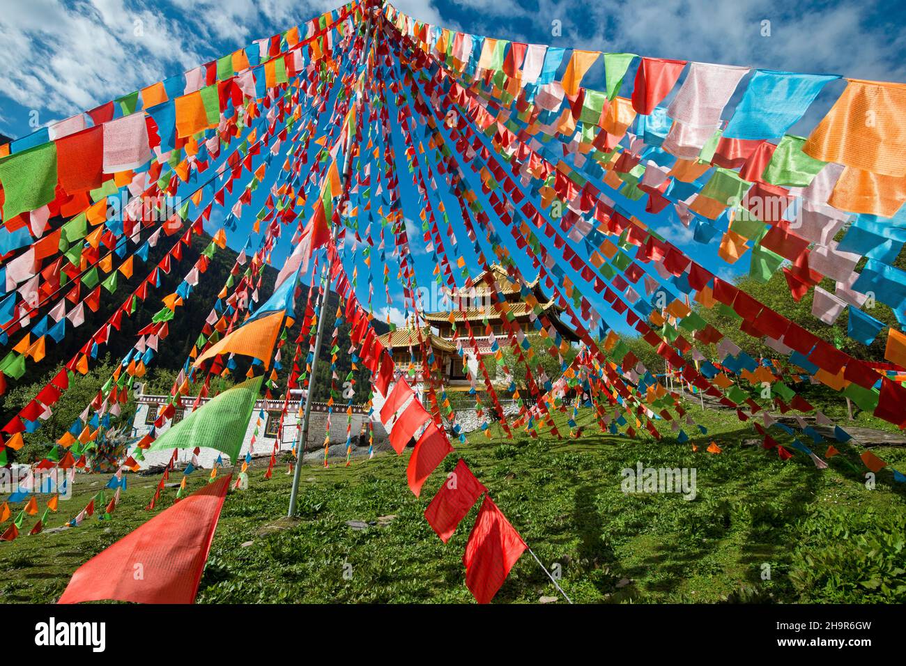 Tibetischer Buddhismus, Gebetsfahnen in einem tibetischen Kloster im Naturschutzgebiet des Siguniang, Rilong, Ngawa, Autonome Präfektur Tibets, Sichuan, China Stockfoto