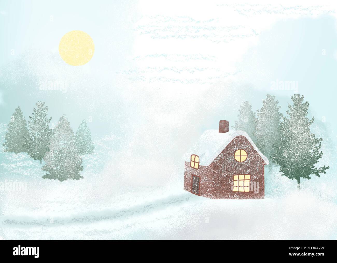 Aquarell-Gemälde einer Winterlandschaft mit einem gemütlichen warmen Haus zwischen schneebedeckten Bäumen und einem Pfad zum Haus. Design des Covers, Banners, Invita Stockfoto