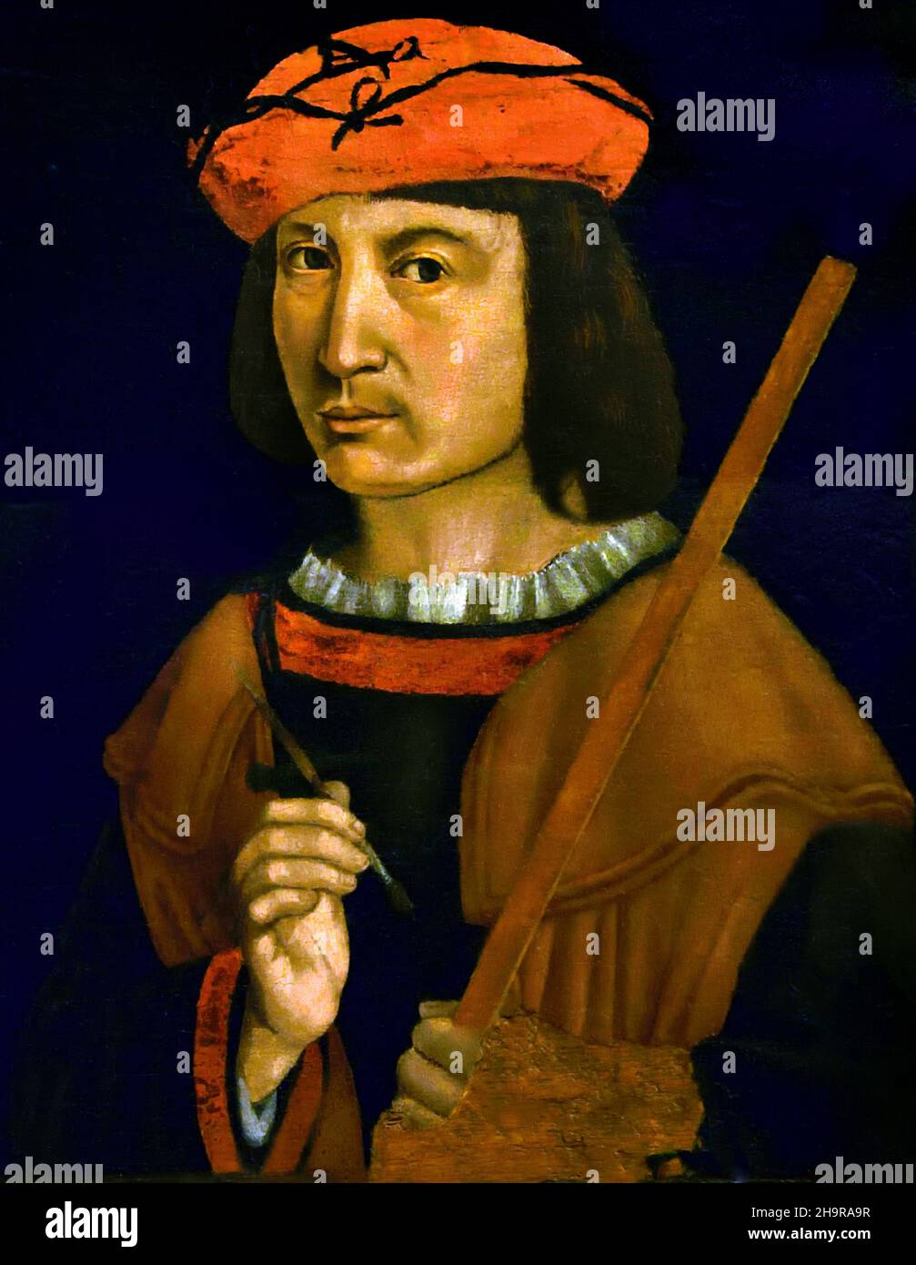 Macrino d'Alba (1495-1513) - Selbstporträt, 1495-1496 Italien, Italienisch. War ein italienischer Maler der Renaissance, hauptsächlich im Piemont tätig, der für seine Altarbilder und Porträts bekannt ist. Sein Geburtsname war Gian Giacomo de' Alladio. Stockfoto