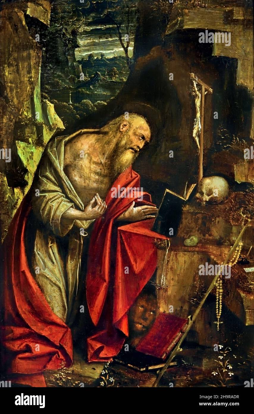 Defendente Ferrari 1480/85- 1540) - St. Jerome Büßer, 1520 Italien, Italienisch.( Jerome auch bekannt als Jerome von Stridon, war ein christlicher Priester, Beichtvater, Theologe und Historiker; er ist allgemein bekannt als St. Jerome. ) Stockfoto