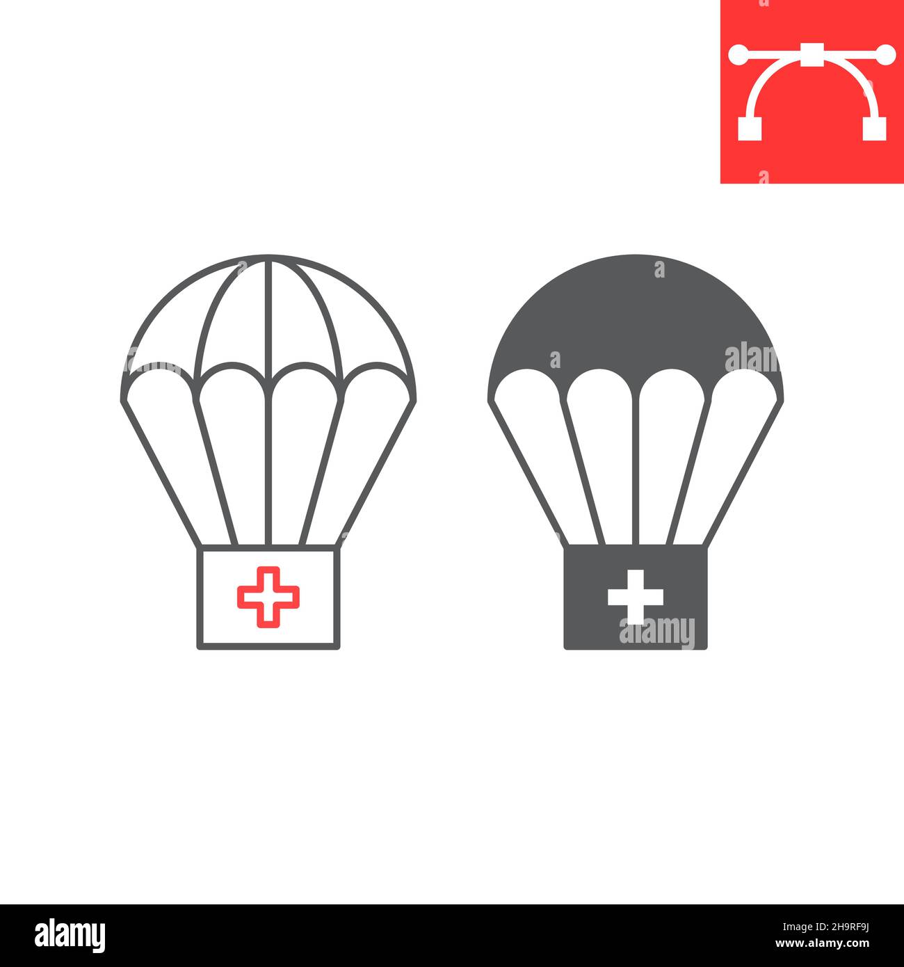 Fallschirm mit erste-Hilfe-Kit Linie und Glyphen-Symbol, medizinische Box und Notfall, humanitäre Hilfe Vektor-Symbol, Vektorgrafiken, editierbare Schlaganfall Umriss Zeichen, eps 10. Stock Vektor