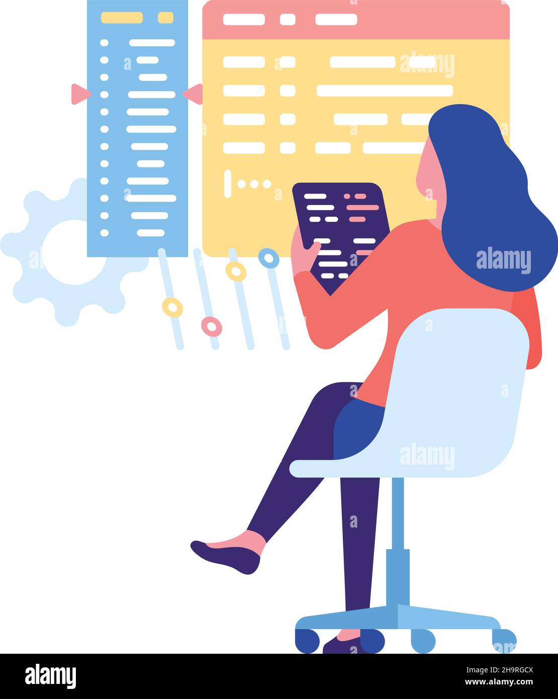 Frau, die mit Code arbeitet. Debugging-Prozess in der Softwareentwicklung Stock Vektor