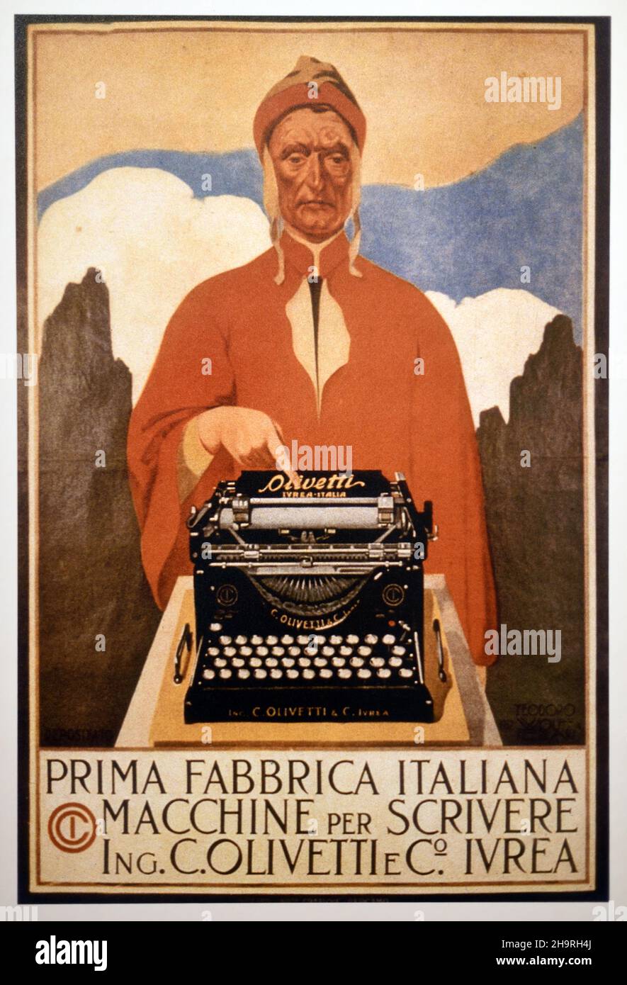 Alte oder Vintage-Werbung, Werbung oder Werbung für Olivetti Schreibmaschinen oder Schreibmaschinen, mit dem italienischen Schriftsteller und Dichter Dante Alighieri (c1265-1321 Typing, von Teodoro Wolf Ferrari 1911 Stockfoto