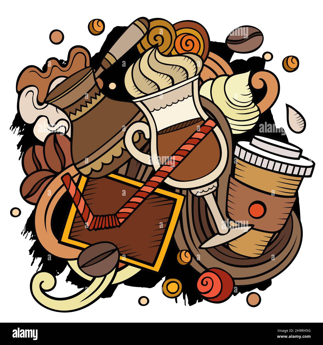 Cartoon-Vektor-Kritzeleien Coffee House Illustration. Bunt, detailreich, mit vielen Objekten im Hintergrund. Alle Objekte getrennt. Helle Farben Cafe lustig Stock Vektor