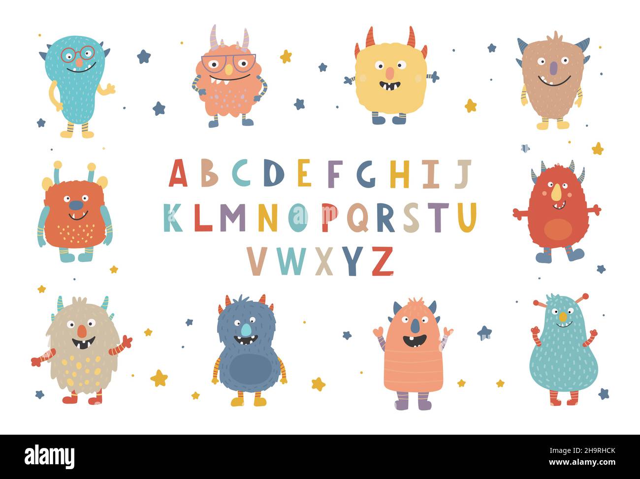 Farbenfrohes Set niedlicher Monster. Sammlung von niedlichen Comic-Figuren in einfachen handgezeichneten skandinavischen Stil. ABC Alphabet Kinder dekorative Schrift. Stock Vektor