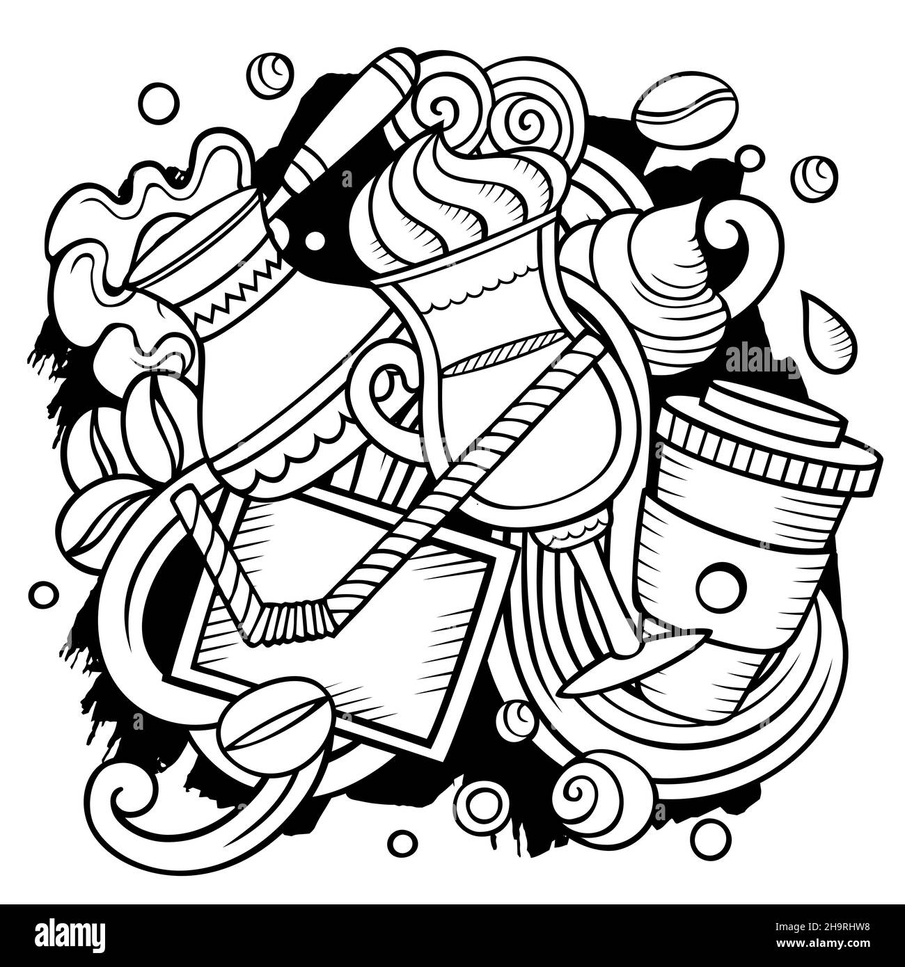 Cartoon-Vektor-Kritzeleien Coffee House Illustration. Strichbilder, detailliert, mit vielen Objekten im Hintergrund. Alle Objekte getrennt. Cafe lustiges Bild Stock Vektor