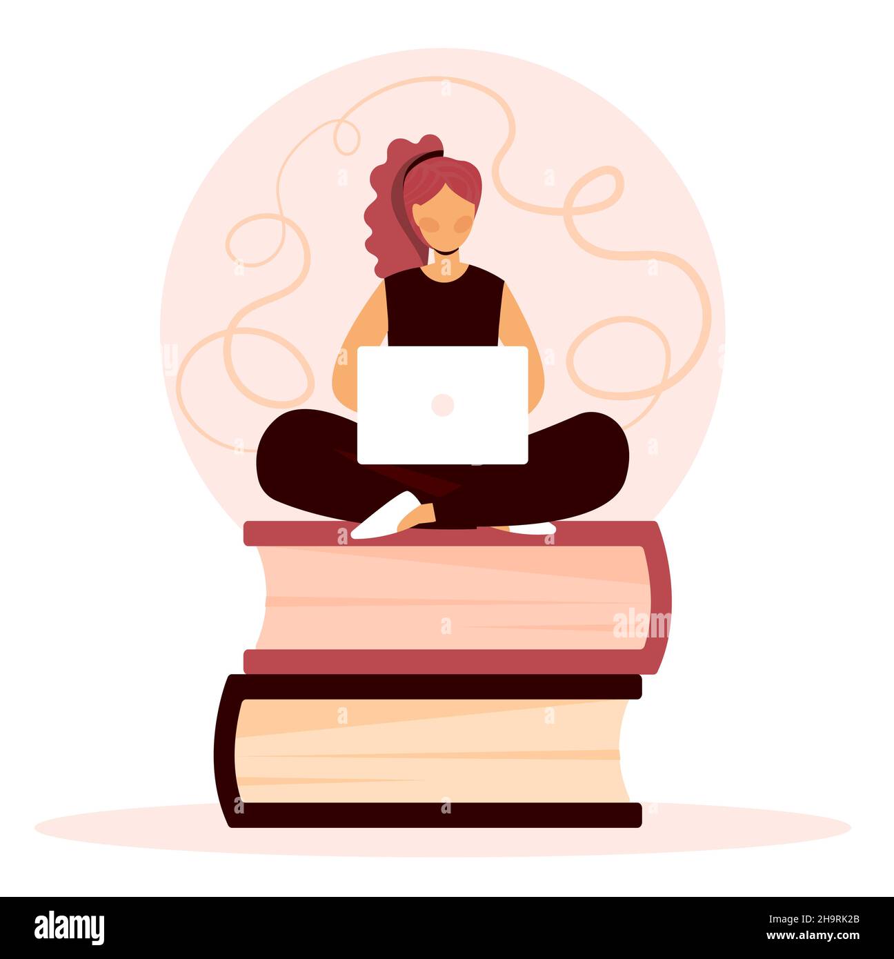 Junge Frau mit Laptop. Charakter sitzt auf Stapel von Büchern. Metapher zur Informationsgewinnung, Fragestudie, Untersuchungsforschung. Technischer Support Stock Vektor