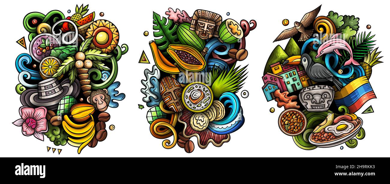 Kolumbien Cartoon Vektor Doodle Designs Set. Farbenfrohe, detailreiche Kompositionen mit vielen traditionellen Symbolen. Isoliert auf weißen Abbildungen Stock Vektor