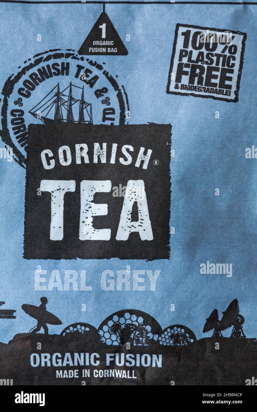100% Kunststoff frei & biologisch abbaubar - Detail auf Cornish Bio-Fusion-Tasche Earl Grey Teebeutel - Made in Cornwall UK Stockfoto