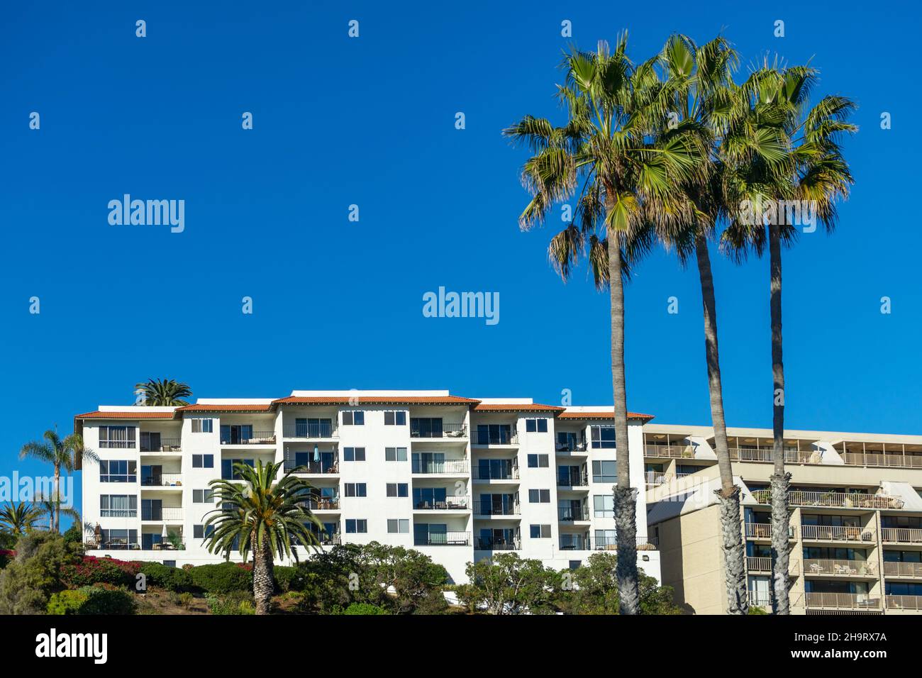 San Clemente, CA, USA – 13. November 2021: Apartmentgebäude mit Balkonen und großen Palmen in der Strandgemeinde San Clemente, Kalifornien. Stockfoto