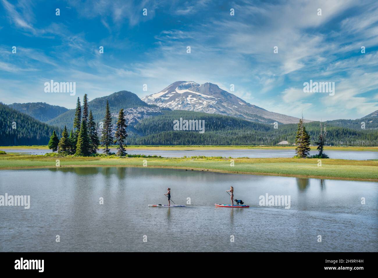 Menschen und Hunde genießen das Paddelboarden auf dem Sparks Lake Stockfoto