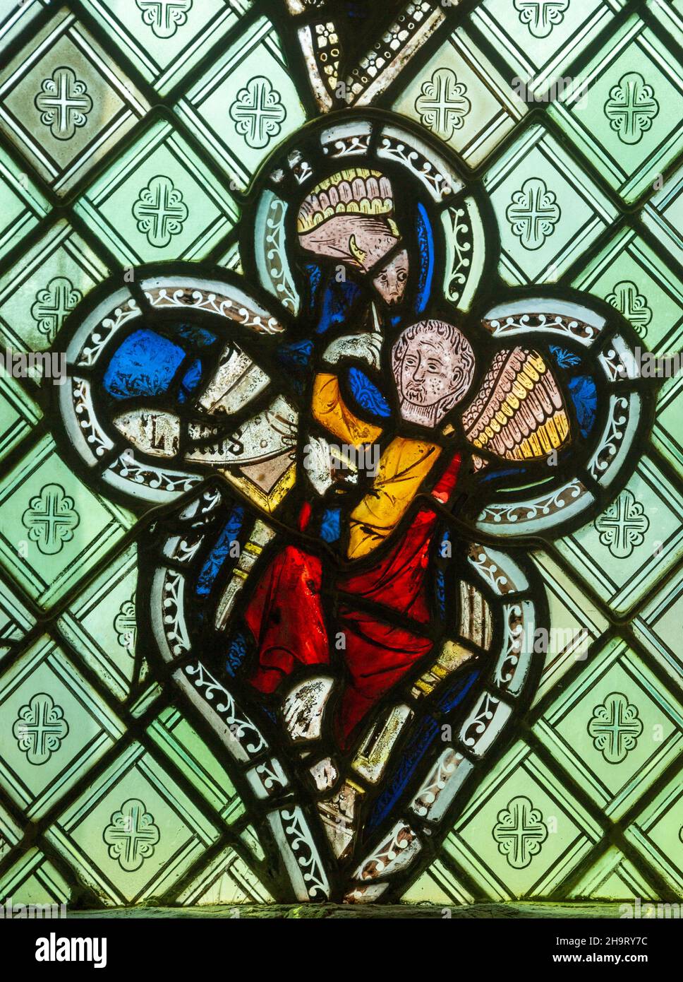 St. Luke der Evangelist, 14th Jahrhundert Glasfenster der evangelistischen Heiligen, Great Bricett Kirche, Suffolk, England, Großbritannien Stockfoto