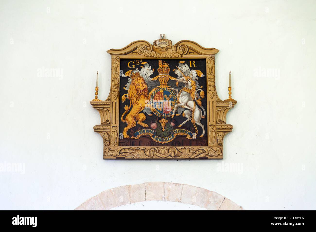 König Georg der Dritte 1760-1820, Königliches Wappen, Löwe und Einhorn, Kirche St. Lawrence, Brundish, Suffolk, England, Großbritannien Stockfoto