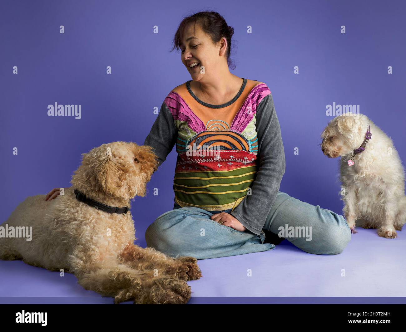 Studioportrait einer Frau im mittleren Alter mit zwei Hunden, Großbritannien Stockfoto