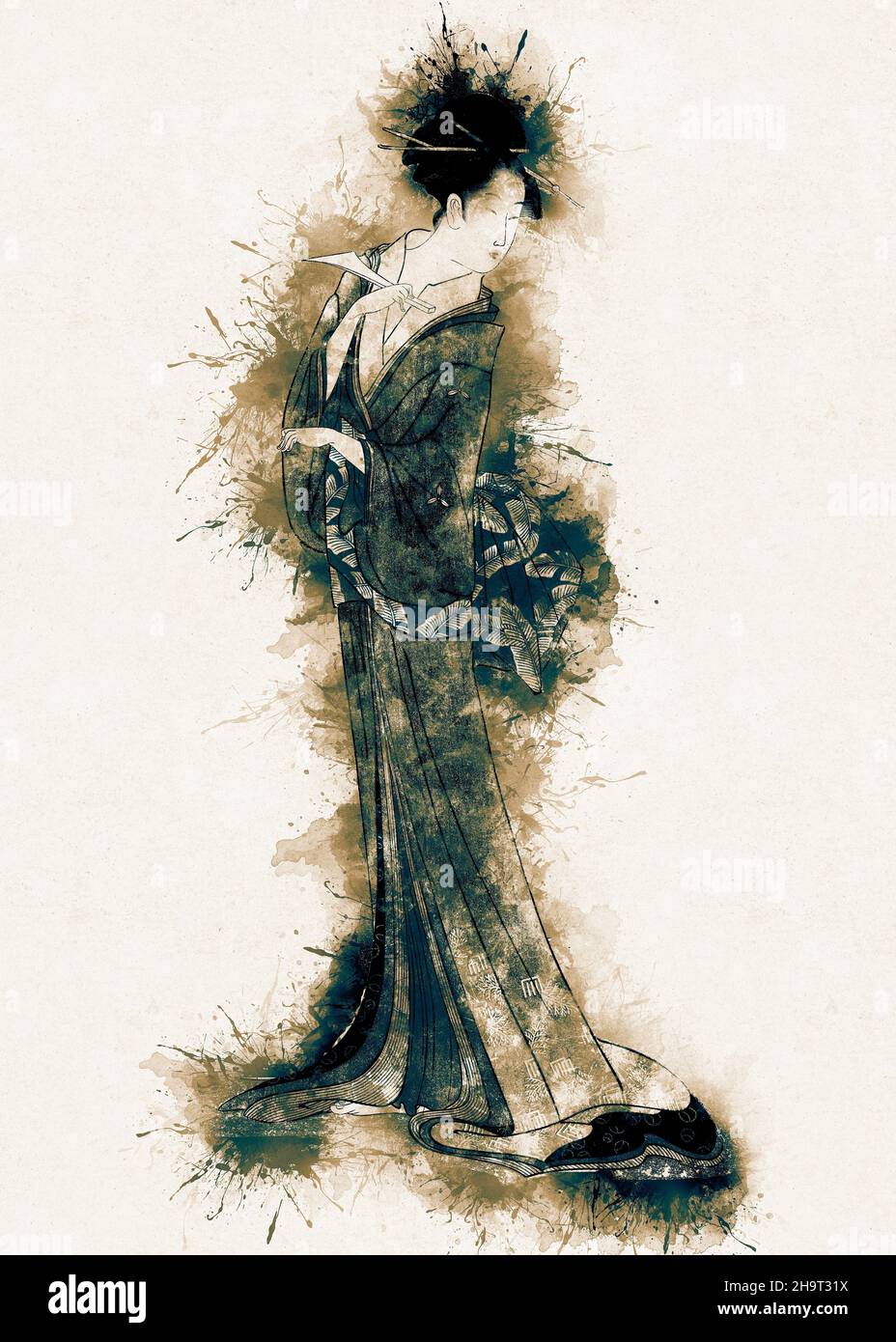 Geisha Girl / Vintage Aquarell japanischer Kunststil aus der Edo-Zeit Stockfoto