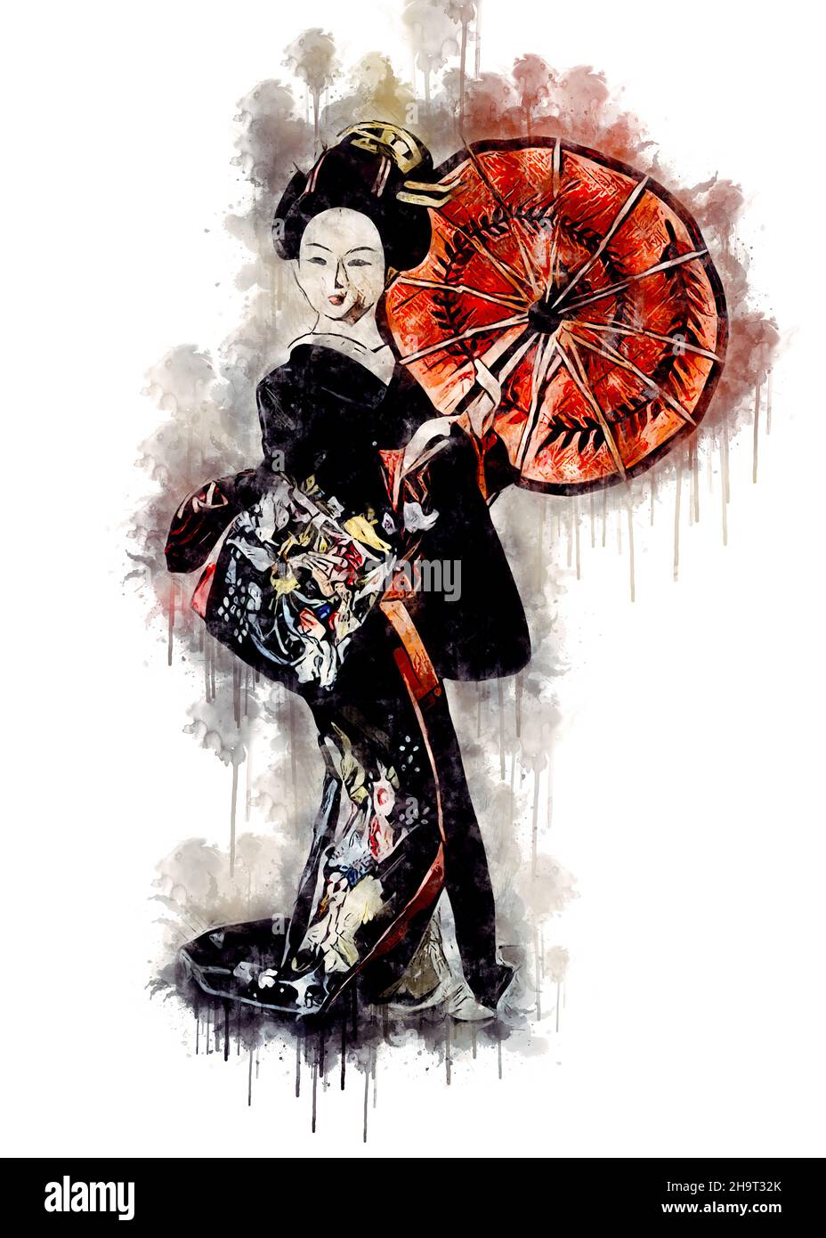 Geisha Girl / Vintage Aquarell japanischer Kunststil aus der Edo-Zeit Stockfoto