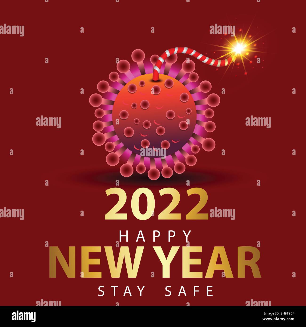 Frohes neues Jahr 2022 goldener Buchstabe mit rotem Hintergrund. Covid-19, Corona-Virus-Konzept Stock Vektor