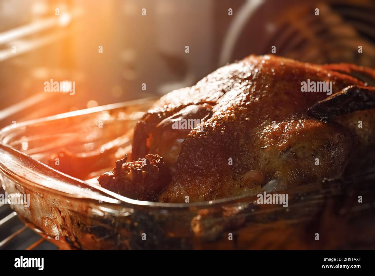 Geröstete Ente mit Äpfeln im Ofen. Stockfoto